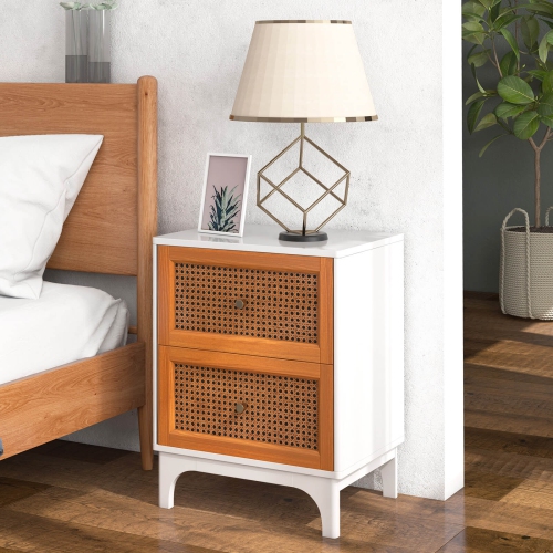 Costway 2 PCS Rattan Nightstand with Storage Wood End Sofa Side Table with 2 drawers Wood Legs