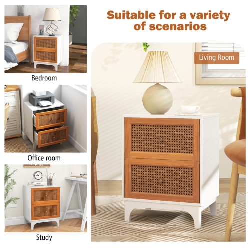Costway 2 PCS Rattan Nightstand with Storage Wood End Sofa Side Table with 2 drawers Wood Legs