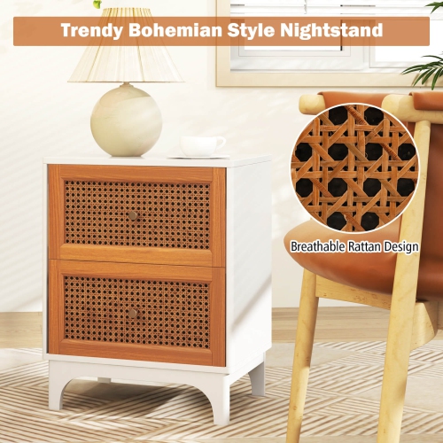 Costway 1 PCS Rattan Nightstand with Storage Wood End Sofa Side Table with 2 drawers Wood Legs