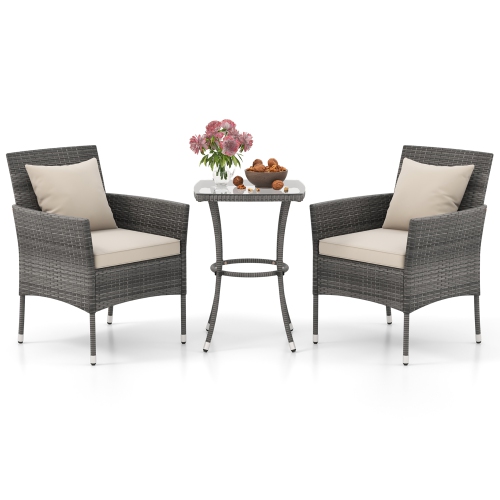 GYMAX  3-Piece Patio Furniture Set Pe Wicker Conversation Bistro Set W/ A Tempered Glass Table