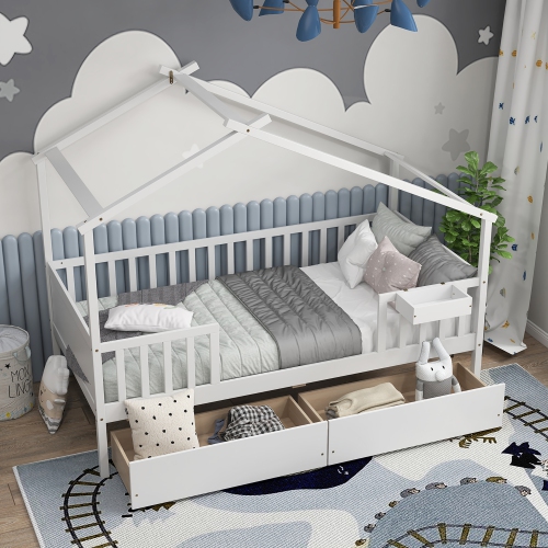 Gymax Twin House Bed w/ 2 Storage Drawers Roof & Fence Rails Headboard & Footboard