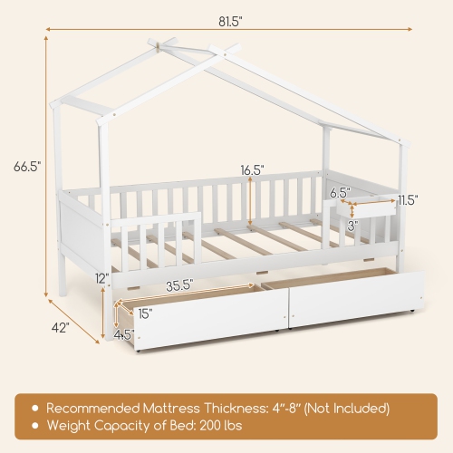 Gymax Twin House Bed w/ 2 Storage Drawers Roof & Fence Rails Headboard & Footboard