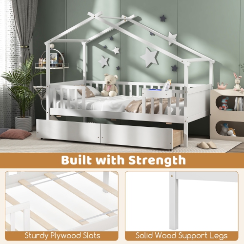 Gymax Twin House Bed w/ 2 Storage Drawers Roof & Fence Rails Headboard & Footboard