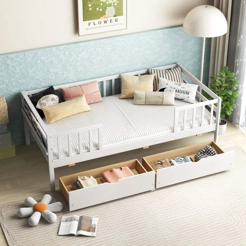 Gymax Twin Size Kids Bed w/ Storage 2 Pull-out Drawers Side Shelf for Children & Teens