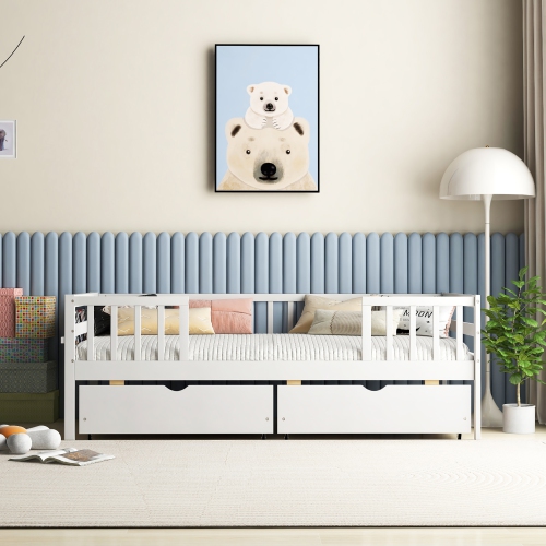 Gymax Twin Size Kids Bed w/ Storage 2 Pull-out Drawers Side Shelf for Children & Teens