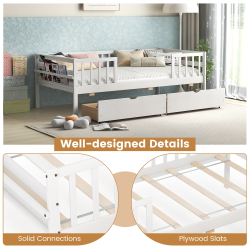 Gymax Twin Size Kids Bed w/ Storage 2 Pull-out Drawers Side Shelf for Children & Teens