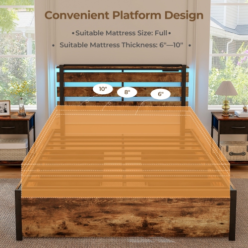 Gymax Full Size Bed Frame w/ Drawers LED Lights Outlets & USB Ports Smart APP Control