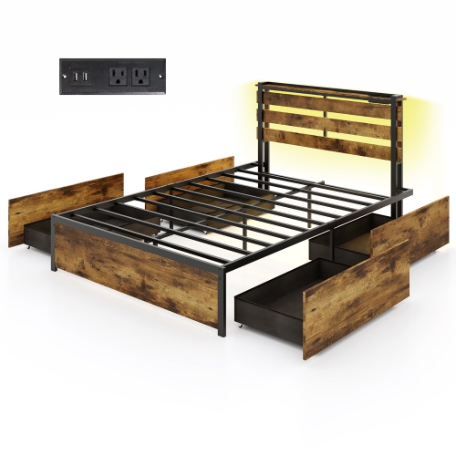 Gymax Full Size Bed Frame w/ Drawers LED Lights Outlets & USB Ports Smart APP Control