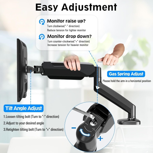 Single Monitor Desk Mount, Adjustable Gas Spring Monitor Arm Support Max 32 Inch, 4.4-17.6lbs Screen, Computer Monitor Stand Holder with