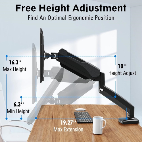 Single Monitor Desk Mount, Adjustable Gas Spring Monitor Arm Support Max 32 Inch, 4.4-17.6lbs Screen, Computer Monitor Stand Holder with