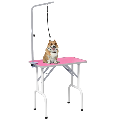 PAWHUT  32In Foldable Dog Grooming Table for Small Dogs, Pet Grooming Table for Dogs Cats With Adjustable Arm, Non-Slip Surface In Pink