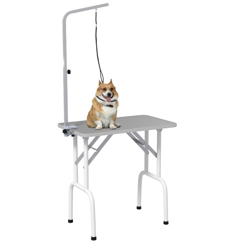 PAWHUT  32In Foldable Dog Grooming Table for Small Dogs, Pet Grooming Table for Dogs Cats With Adjustable Arm, Non-Slip Surface In Grey