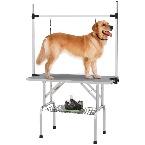 PawHut – Table de toilettage ajustable pour chien, dessus en caoutchouc, 2 paniers de rangement en filet de sécurité, gris métal robuste, 42,25 x 23,