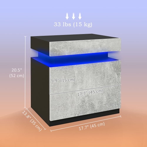 HOMCOM Nightstand, End Side Table with LED Lights, Bedside Table with 2 Drawers, for Bedroom, Cement Grey