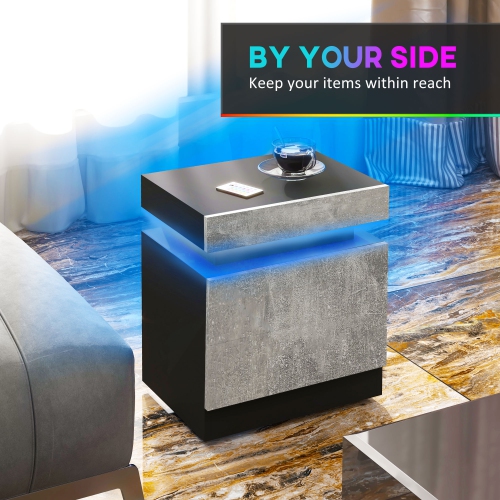 HOMCOM Nightstand, End Side Table with LED Lights, Bedside Table with 2 Drawers, for Bedroom, Cement Grey