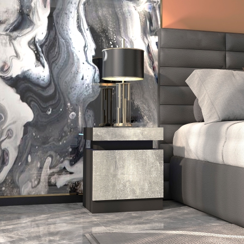 HOMCOM Nightstand, End Side Table with LED Lights, Bedside Table with 2 Drawers, for Bedroom, Cement Grey