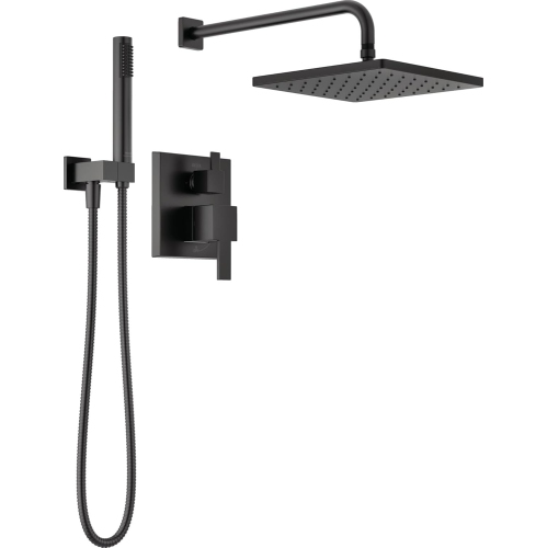 Delta Faucet Modern Raincan 2-Setting Square Shower System Including Rain Shower Head and Handheld Spray Black