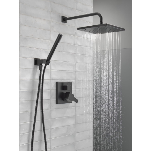 Delta Faucet Modern Raincan 2-Setting Square Shower System Including Rain Shower Head and Handheld Spray Black