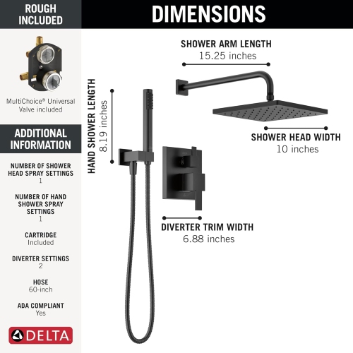 Delta Faucet Modern Raincan 2-Setting Square Shower System Including Rain Shower Head and Handheld Spray Black