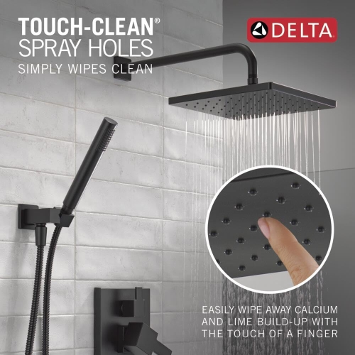 Delta Faucet Modern Raincan 2-Setting Square Shower System Including Rain Shower Head and Handheld Spray Black