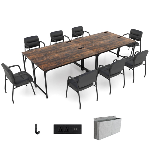 COSTWAY  Set Of 4 Meeting Room Desk With Charging Station & Headphone Hook Metal Frame In Brown