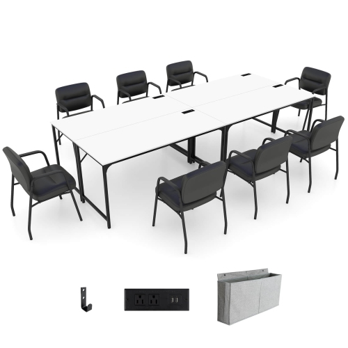 COSTWAY  Set Of 4 Meeting Room Desk With Charging Station & Headphone Hook Metal Frame In White