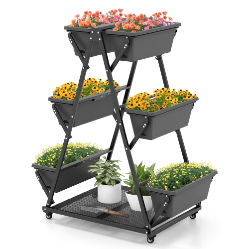 GYMAX  3-Tier Vertical Garden Planter Box W/ Lockable Wheels Drainage Holes for Patio