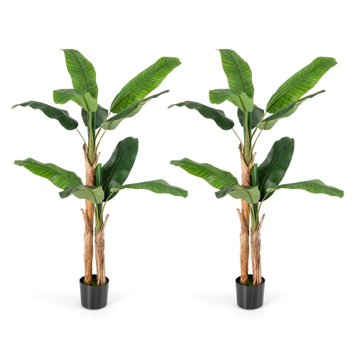 GYMAX  2PCs 6.5' Tall Artificial Banana Tree W/ 27 Large Leaves Natural Bark