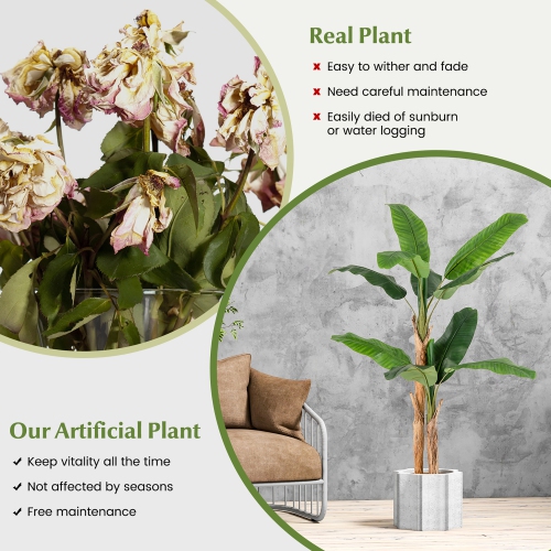 Gymax 2PCS 6.5' Tall Artificial Banana Tree w/ 27 Large Leaves Natural Bark