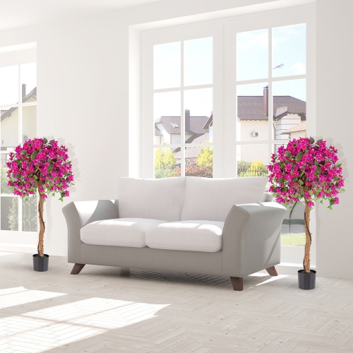 Gymax 2PCS 53'' Artificial Azalea Tree Floral Plant w/ Red Azalea Flowers Nursery Pot