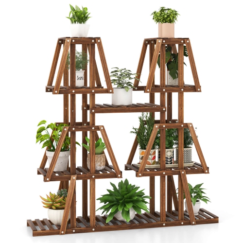 GYMAX  5-Tier Wood Plant Stand 10 Pots Plant Display Rack Tall Corner Plant Organizer