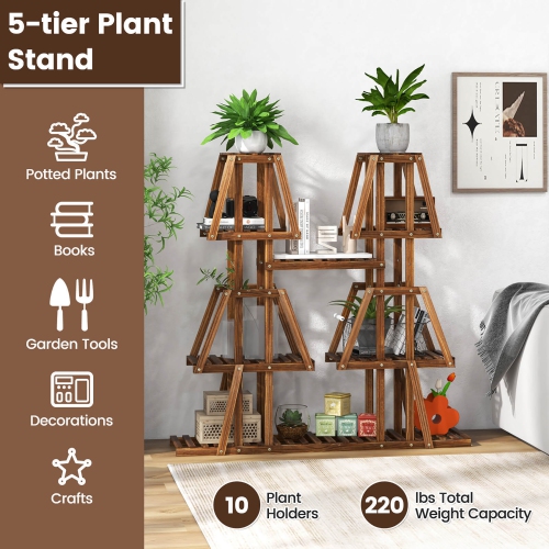Gymax 5-Tier Wood Plant Stand 10 Pots Plant Display Rack Tall Corner Plant Organizer