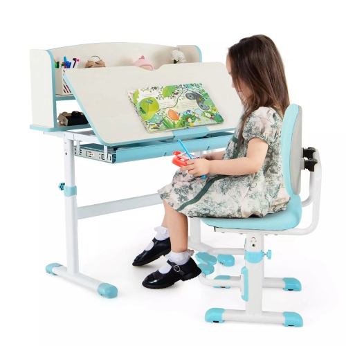 Gymax Kids Desk Chair Set Height Adjustable Children School Study Table Chair Blue Best Buy Canada