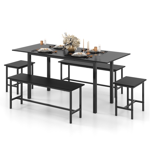 GYMAX  5 PCs Dining Table Set for 4-6 W/ 2 Benches & 2 Stools Metal Frame Dining Room In Black