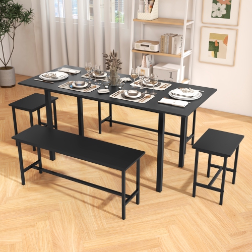 Gymax 5 PCS Dining Table Set for 4-6 w/ 2 Benches & 2 Stools Metal Frame Dining Room Black