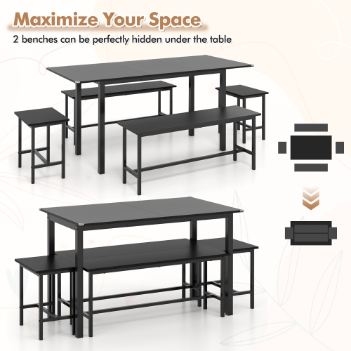 Gymax 5 PCS Dining Table Set for 4-6 w/ 2 Benches & 2 Stools Metal Frame Dining Room Black