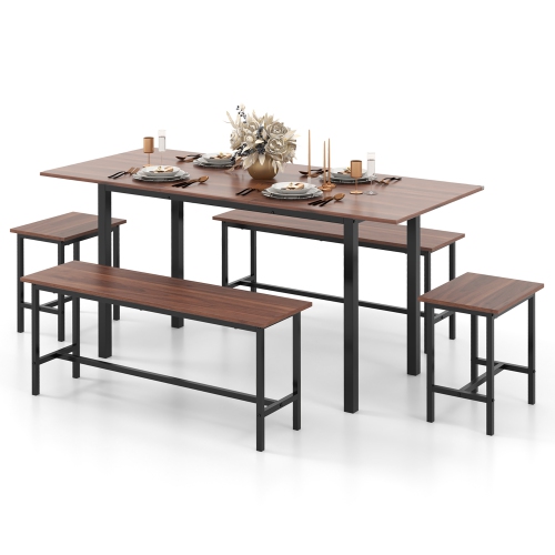 GYMAX  5 PCs Dining Table Set for 4-6 W/ 2 Benches & 2 Stools Metal Frame Dining Room Walnut