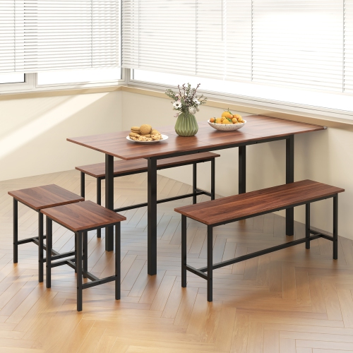 Gymax 5 PCS Dining Table Set for 4-6 w/ 2 Benches & 2 Stools Metal Frame Dining Room Walnut