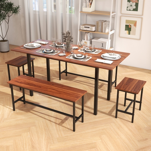 Gymax 5 PCS Dining Table Set for 4-6 w/ 2 Benches & 2 Stools Metal Frame Dining Room Walnut