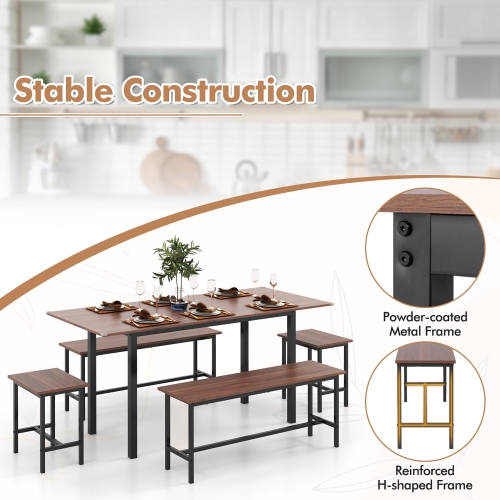 Gymax 5 PCS Dining Table Set for 4-6 w/ 2 Benches & 2 Stools Metal Frame Dining Room Walnut