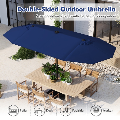 Gymax 13 FT Patio Umbrella Double-Sided Market Umbrella w/ 36 Solar-Powered LED Lights Navy