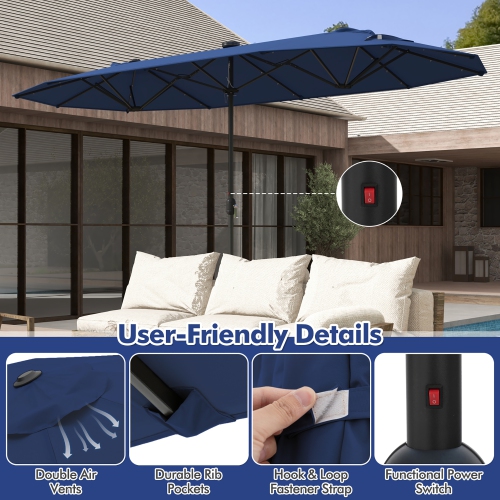 Gymax 13 FT Patio Umbrella Double-Sided Market Umbrella w/ 36 Solar-Powered LED Lights Navy