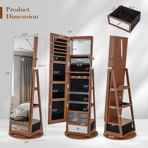 Gymax 360° Swivel Jewelry Cabinet Full Length Mirror w/Built-in Lights