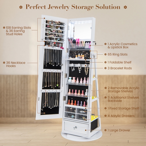 Gymax 360° Swivel Jewelry Cabinet Full Length Mirror w/Built-in Lights
