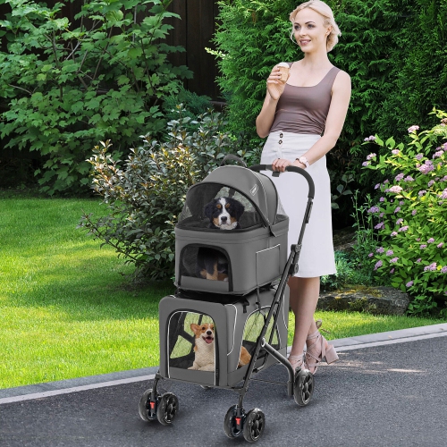 Gymax Double Pet Stroller for 2 Dogs or Cats w/ 2 Detachable Carriers Safety Belt Gray