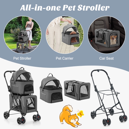 Gymax Double Pet Stroller for 2 Dogs or Cats w/ 2 Detachable Carriers Safety Belt Gray