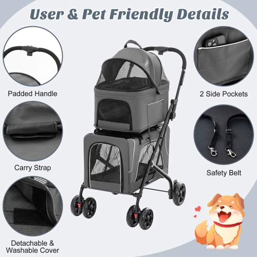 Gymax Double Pet Stroller for 2 Dogs or Cats w/ 2 Detachable Carriers Safety Belt Gray