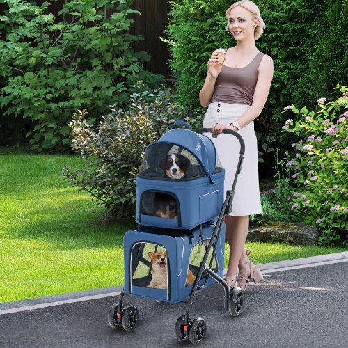 Gymax Double Pet Stroller for 2 Dogs or Cats w/ 2 Detachable Carriers Safety Belt Blue