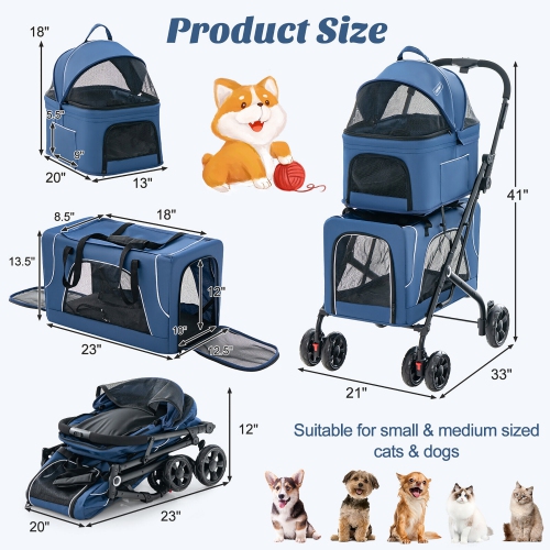 Gymax Double Pet Stroller for 2 Dogs or Cats w/ 2 Detachable Carriers Safety Belt Blue