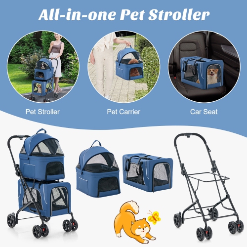 Gymax Double Pet Stroller for 2 Dogs or Cats w/ 2 Detachable Carriers Safety Belt Blue